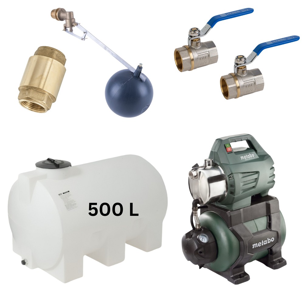 Kit „Drinking water 500L“ with water tank Mavil (white, horizontal) and hydrophore pump Metabo |  |  |