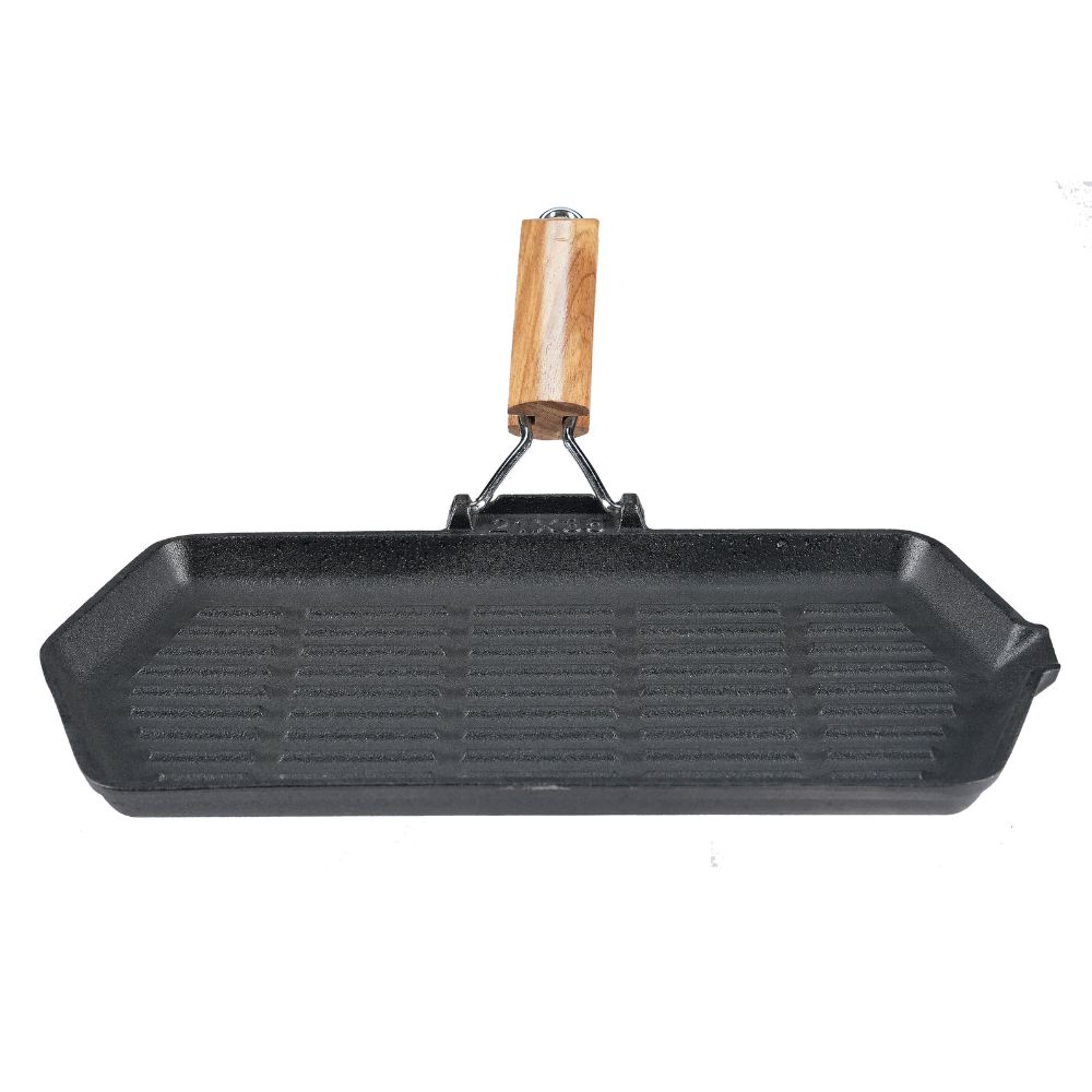 Patelnia grillowa żeliwna ze składanym drewnianym uchwytem, 35x21 cm |  |  |