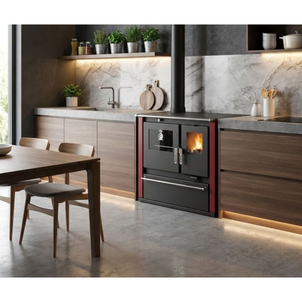 Kuchenka na drewno Verso CS Plus z piekarnikiem ze stali nierdzewnej i płytą ceramiczną, Czerwona, Lewa, 7.7kW | Piece na drewno z piekarnikiem | Piece na drewno |