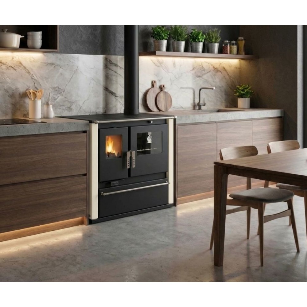 Kuchenka na drewno Verso CS Plus z piekarnikiem i płytą stalową, Kość słoniowa, Prawa, 7.7kW | Piece na drewno z piekarnikiem | Piece na drewno |