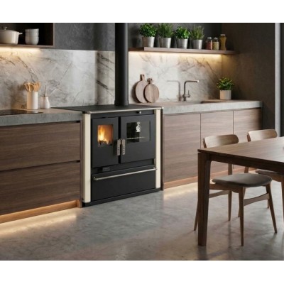 Kuchenka na drewno Verso CS Plus z piekarnikiem i płytą stalową, Kość słoniowa, Prawa, 7.7kW - Kuchenki na drewno