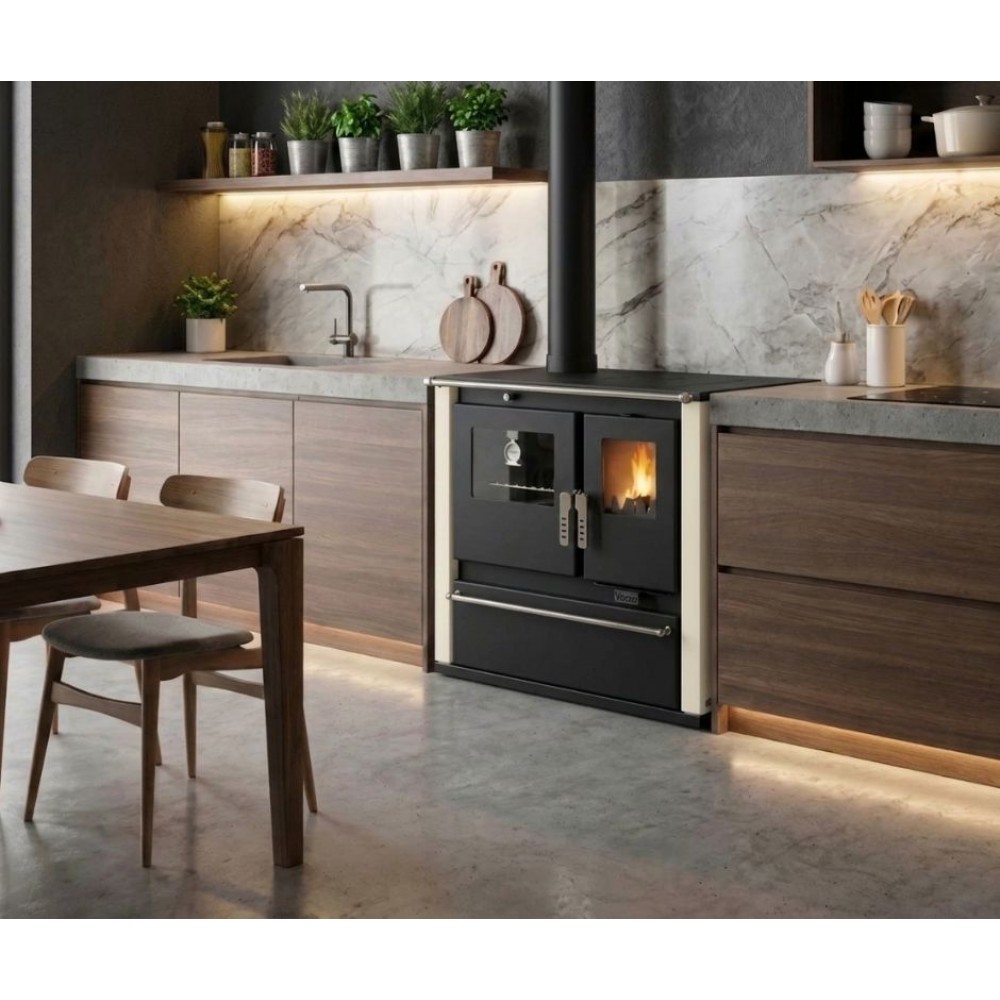 Kuchenka na drewno Verso CS Plus z piekarnikiem ze stali nierdzewnej i płytą ceramiczną, Kość słoniowa, Lewa, 7.7kW | Piece na drewno z piekarnikiem | Piece na drewno |