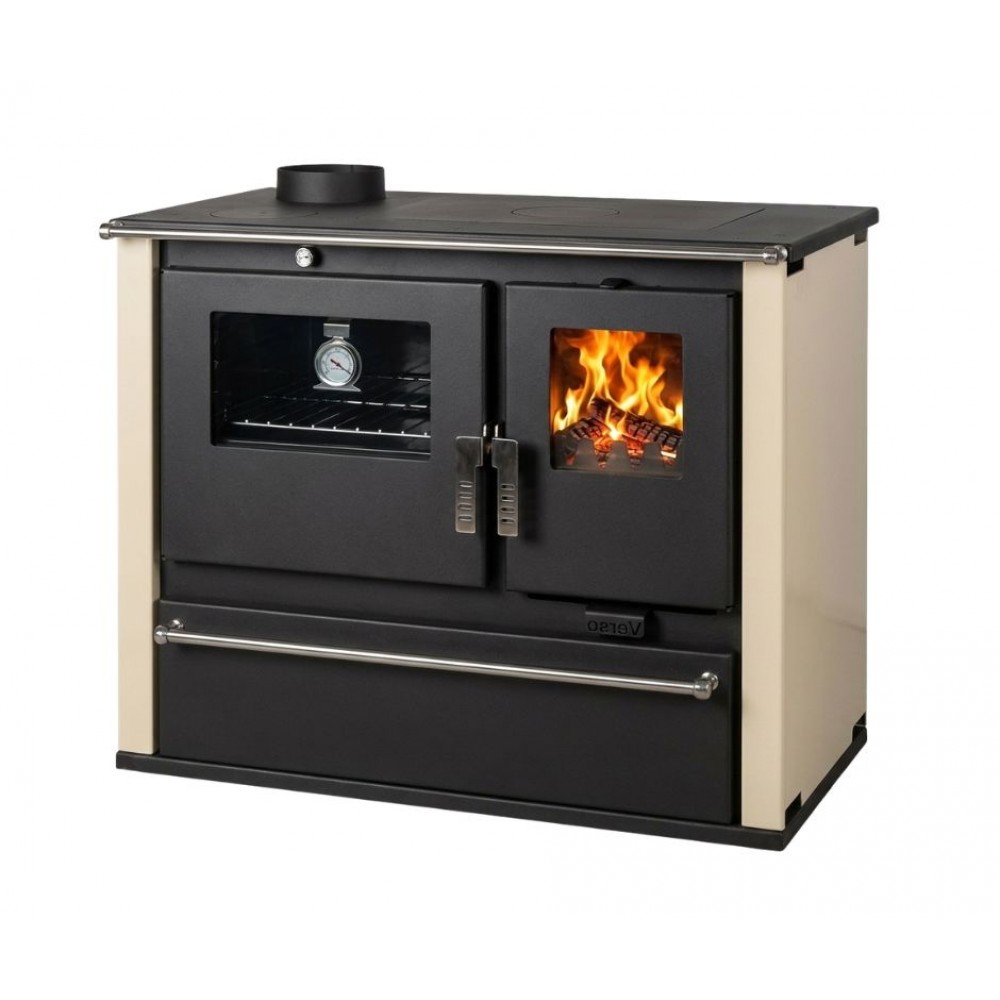 Kuchenka na drewno Verso CS Plus z piekarnikiem i płytą stalową, Kość słoniowa, Lewa, 7.7kW | Piece na drewno z piekarnikiem | Piece na drewno |