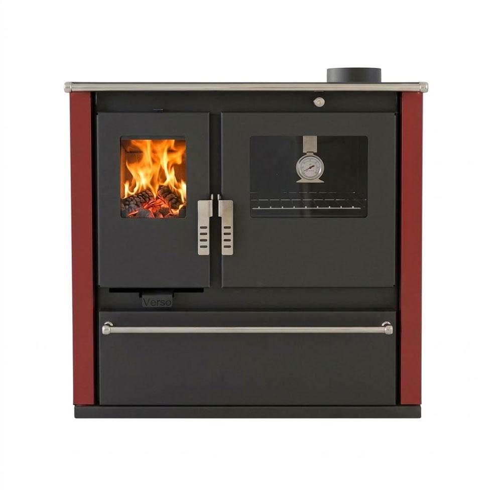 Kuchenka na drewno Verso CS Plus z piekarnikiem ze stali nierdzewnej i płytą stalową, Czerwona, Prawa, 7.7kW | Piece na drewno z piekarnikiem | Piece na drewno |