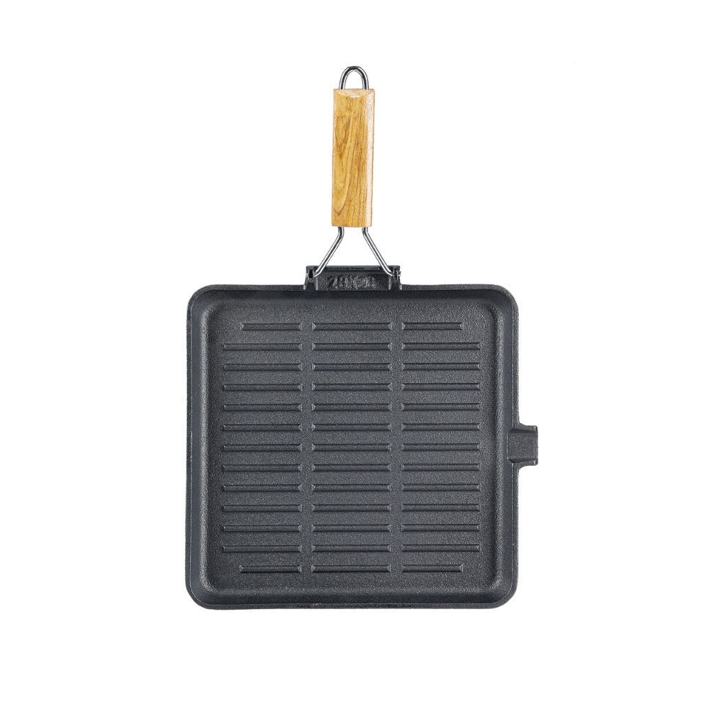 Patelnia grillowa żeliwna ze składanym drewnianym uchwytem, 24x24 cm |  |  |