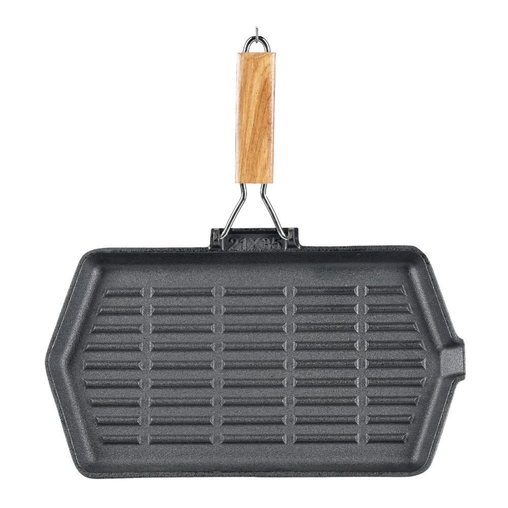 Patelnia grillowa żeliwna ze składanym drewnianym uchwytem, 35x21 cm |  |  |