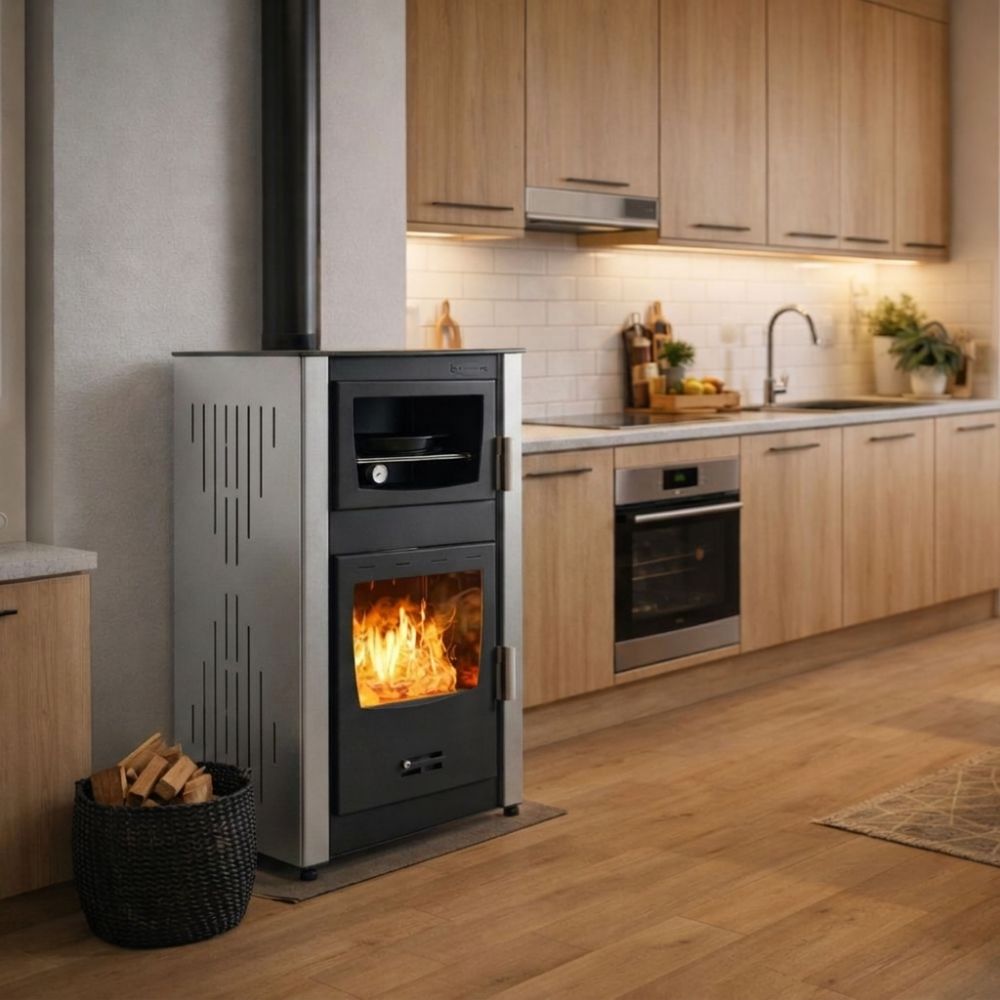 Piec na drewno z płaszczem wodnym i piekarnikiem Velmora Fire ATS HYDRO ΜΑSΙΝΑ 90-25 szary, 25kW | Piece z płaszczem wodnym | Piece na drewno |