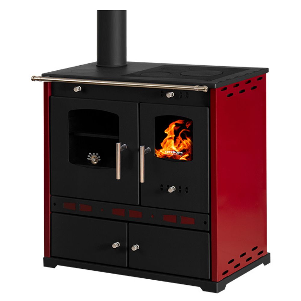 Kuchenka na drewno Prometey Perfect Eco Lux z lewym kominem, bordowy, 7.5kW |  |  |
