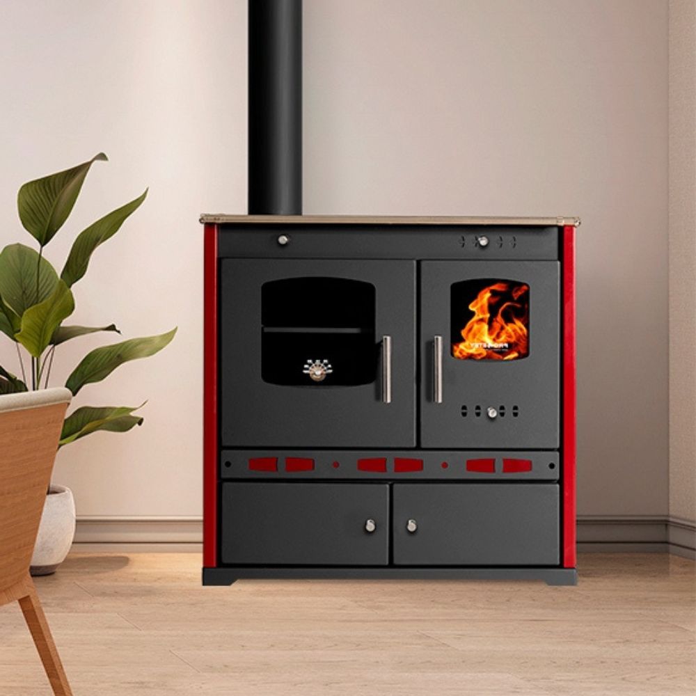 Kuchenka na drewno Prometey Perfect Eco Lux z lewym kominem, bordowy, 7.5kW |  |  |