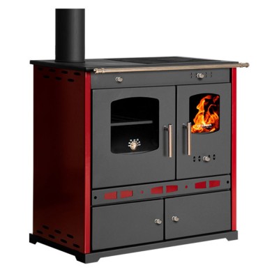 Kuchenka na drewno Prometey Perfect Eco Lux z lewym kominem, bordowy, 7.5kW - Piece na drewno z piekarnikiem