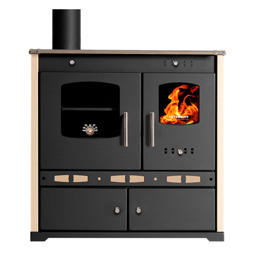 Kuchenka na drewno Prometey Perfect Eco Lux z lewym kominem, kość słoniowa, 7.5kW |  |  |