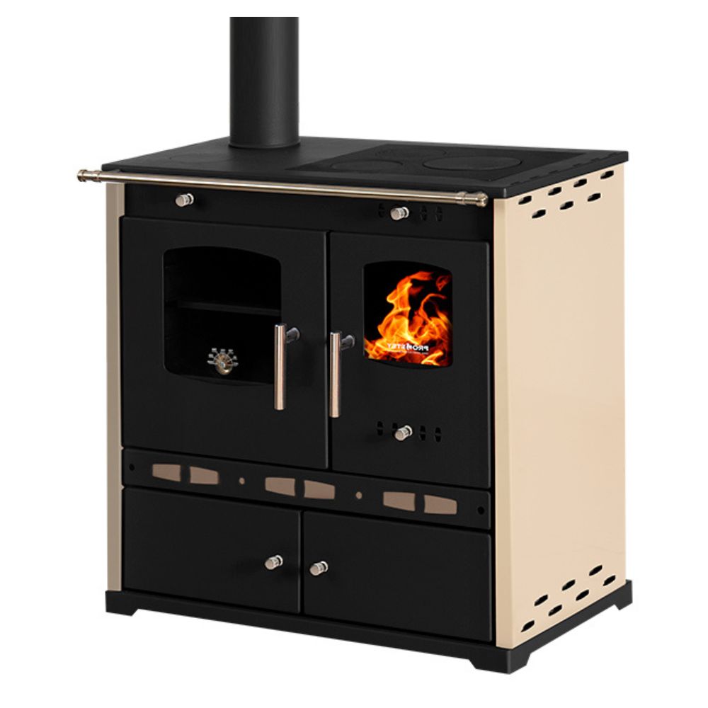 Kuchenka na drewno Prometey Perfect Eco Lux z lewym kominem, kość słoniowa, 7.5kW |  |  |