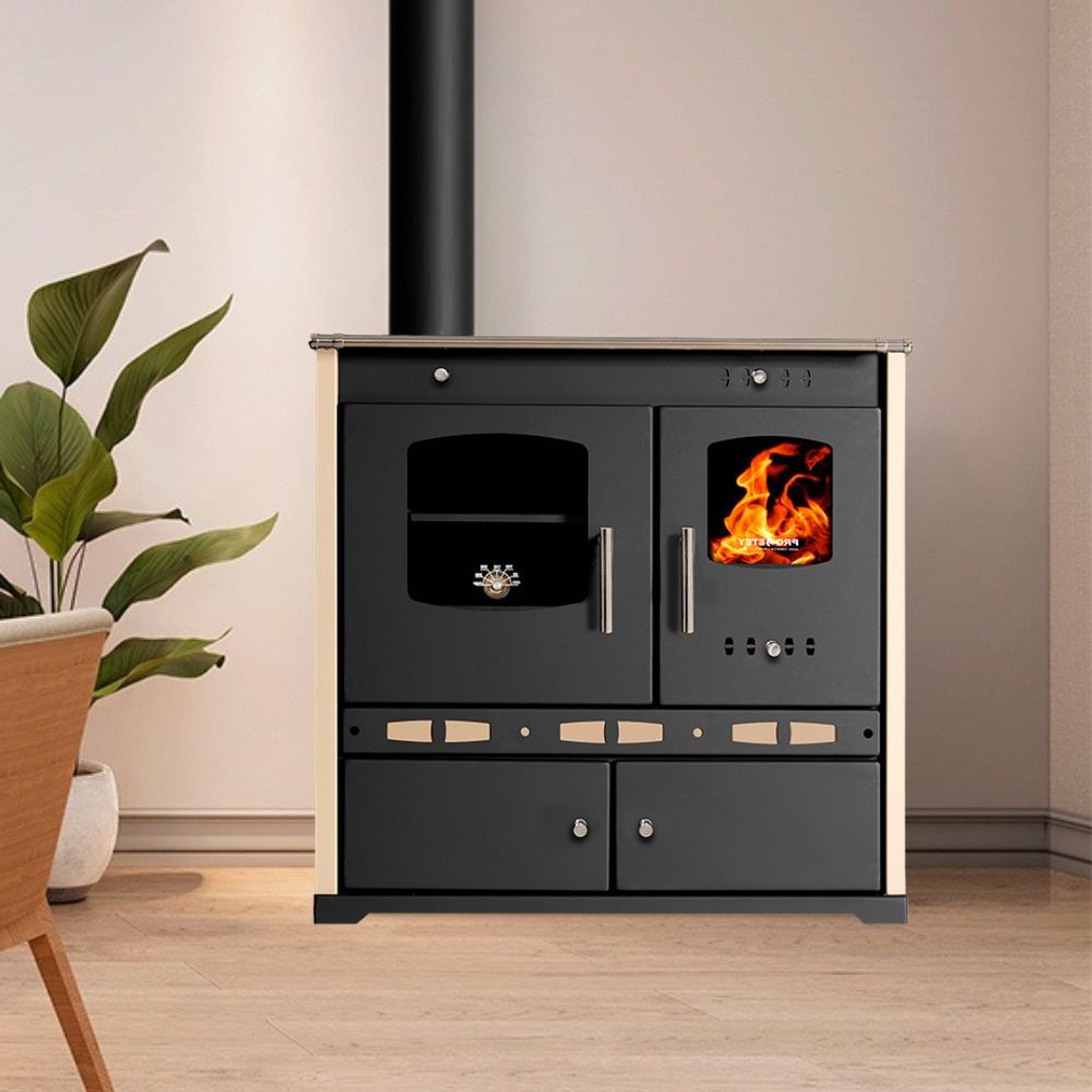 Kuchenka na drewno Prometey Perfect Eco Lux z lewym kominem, kość słoniowa, 7.5kW |  |  |