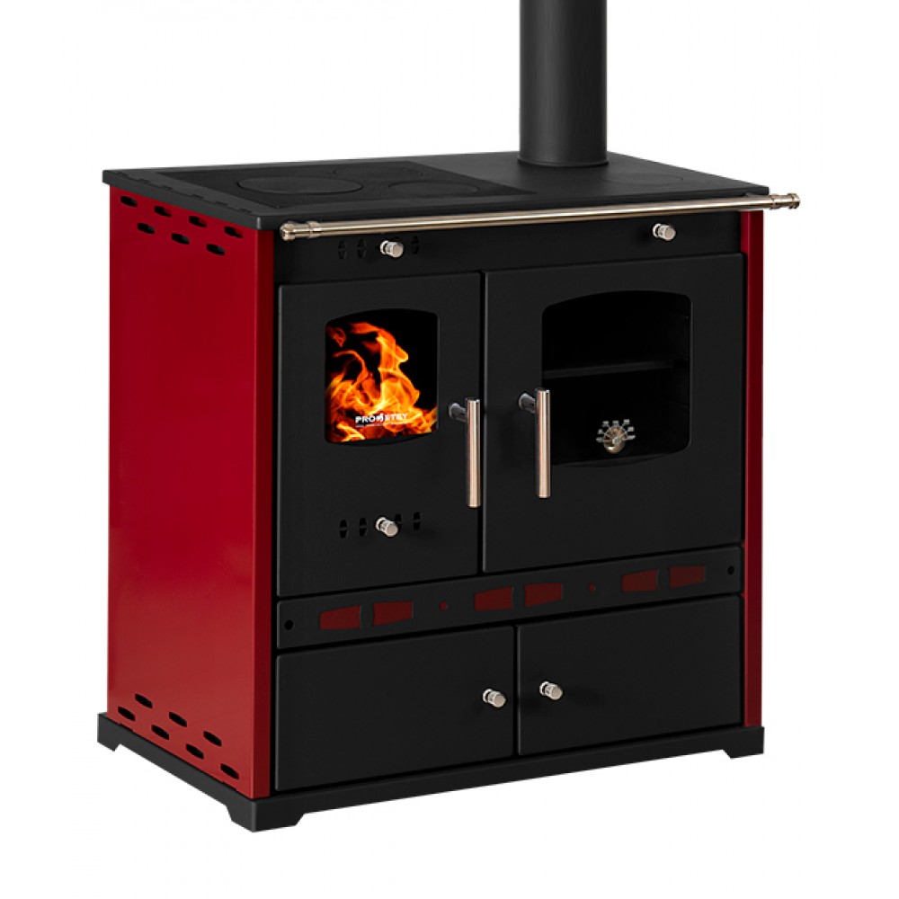 Kuchenka na drewno Prometey Perfect Eco Lux z prawym kominem, bordowy, 7.5kW |  |  |