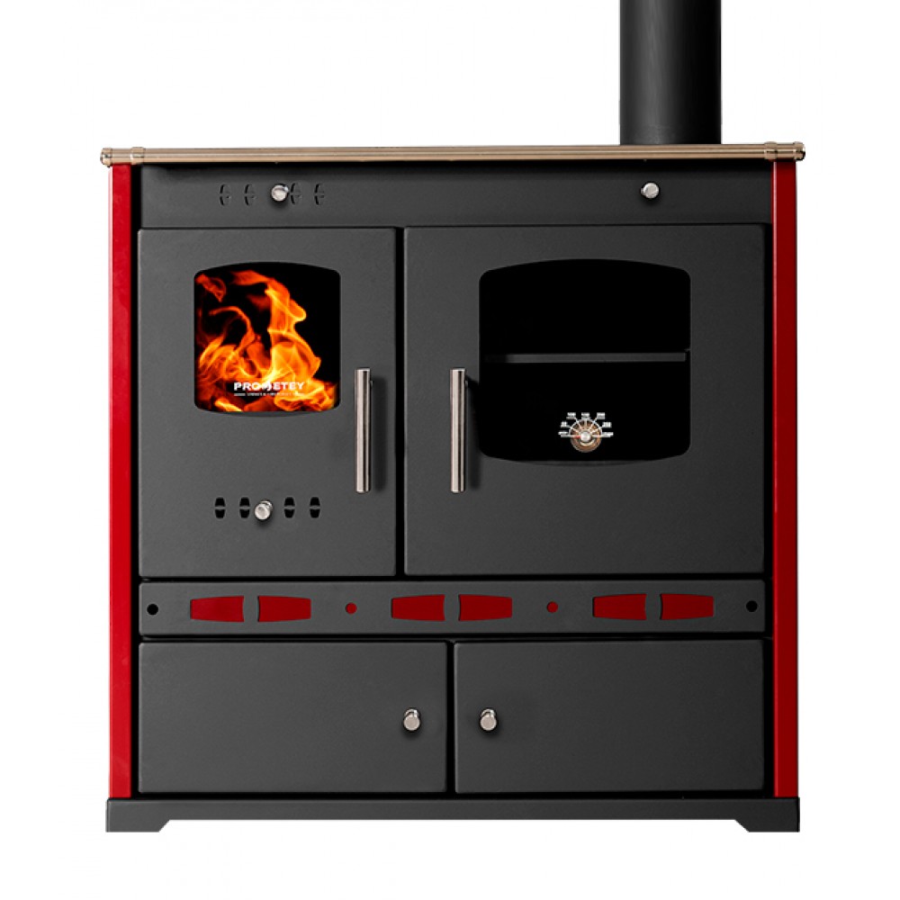 Kuchenka na drewno Prometey Perfect Eco Lux z prawym kominem, bordowy, 7.5kW |  |  |
