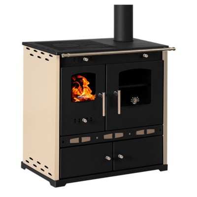 Kuchenka na drewno Prometey Perfect Eco Lux z prawym kominem, kość słoniowa, 7.5kW - Piece na drewno z piekarnikiem