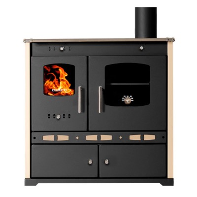 Kuchenka na drewno Prometey Perfect Eco Lux z prawym kominem, kość słoniowa, 7.5kW - Piece na drewno z piekarnikiem