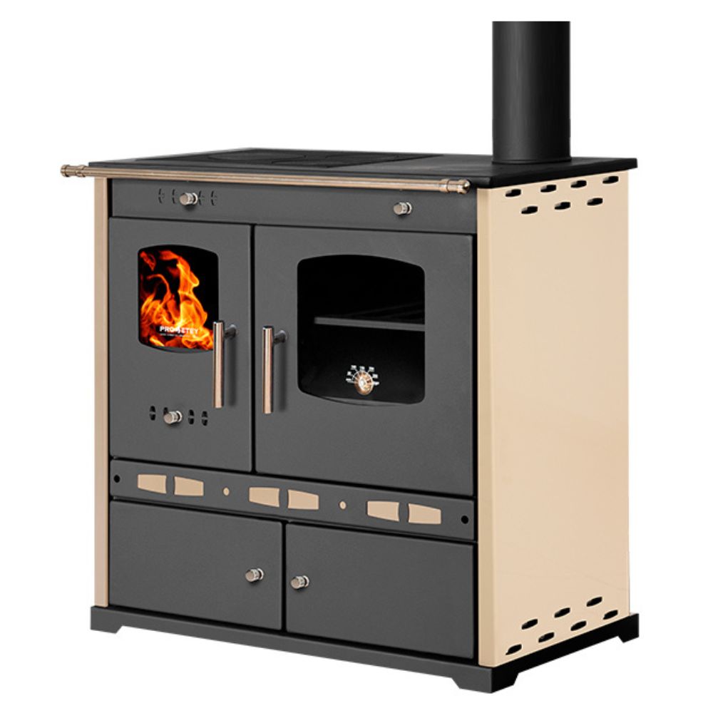 Kuchenka na drewno Prometey Perfect Eco Lux z prawym kominem, kość słoniowa, 7.5kW |  |  |
