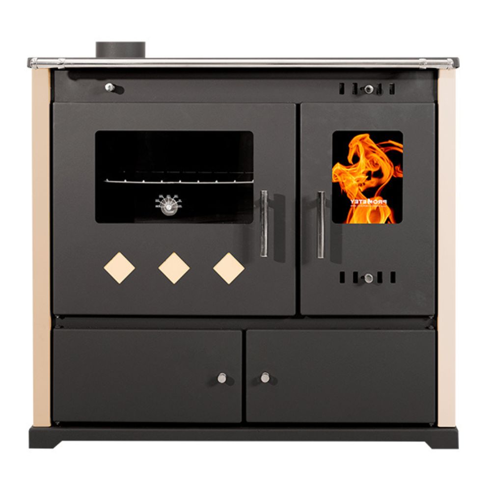 Kuchenka na drewno Prometey Perfect Practik Lux, kość słoniowa, lewy komin, 9.5kW |  |  |