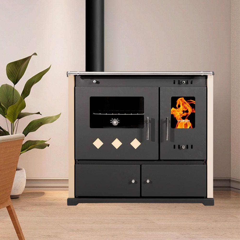 Kuchenka na drewno Prometey Perfect Practik Lux, kość słoniowa, lewy komin, 9.5kW |  |  |