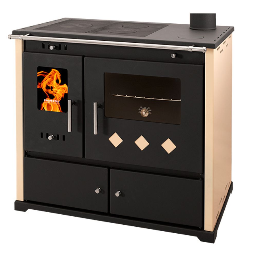 Kuchenka na drewno Prometey Perfect Practik Lux, kość słoniowa, prawy komin, 9.5kW |  |  |
