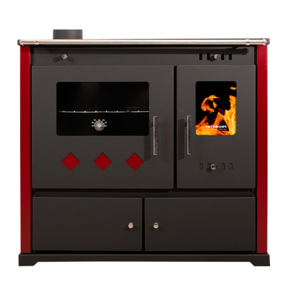 Kuchenka na drewno Prometey Perfect Practik Lux z płytą ceramiczną, lewy komin, bordowy, 9.5kW |  |  |