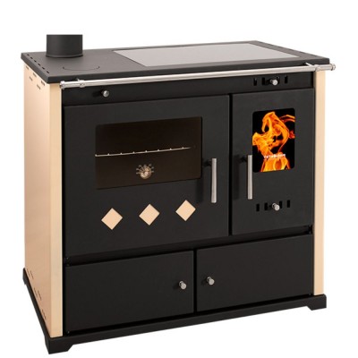 Kuchenka na drewno Prometey Perfect Practik Lux z płytą ceramiczną, lewy komin, kość słoniowa, 9.5kW - Piece na drewno z piekarnikiem