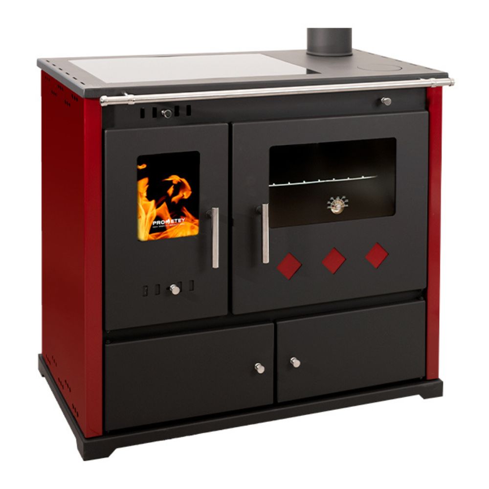 Kuchenka na drewno Prometey Perfect Practik Lux z płytą ceramiczną, prawy komin, bordowy, 9.5kW |  |  |