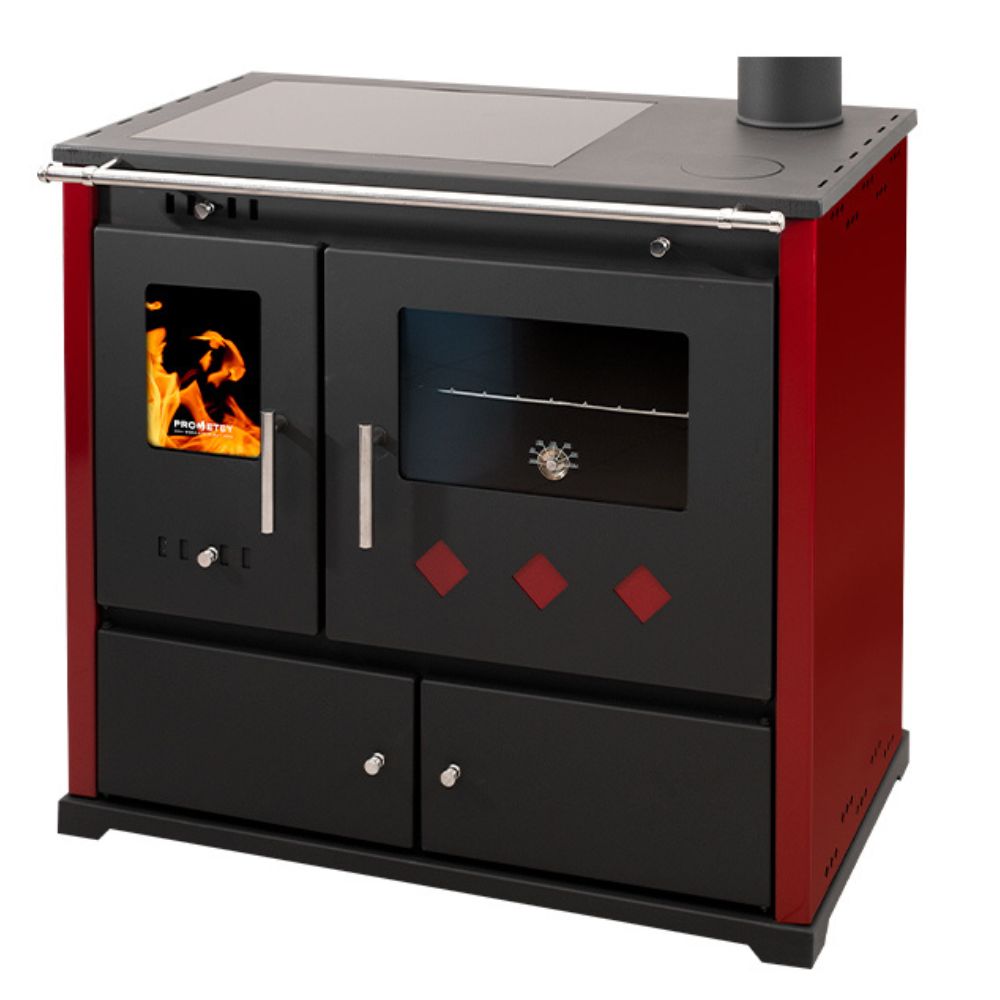 Kuchenka na drewno Prometey Perfect Practik Lux z płytą ceramiczną, prawy komin, bordowy, 9.5kW |  |  |