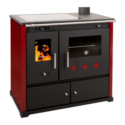 Kuchenka na drewno Prometey Perfect Practik Lux z płytą ceramiczną, prawy komin, bordowy, 9.5kW - Piece na drewno z piekarnikiem