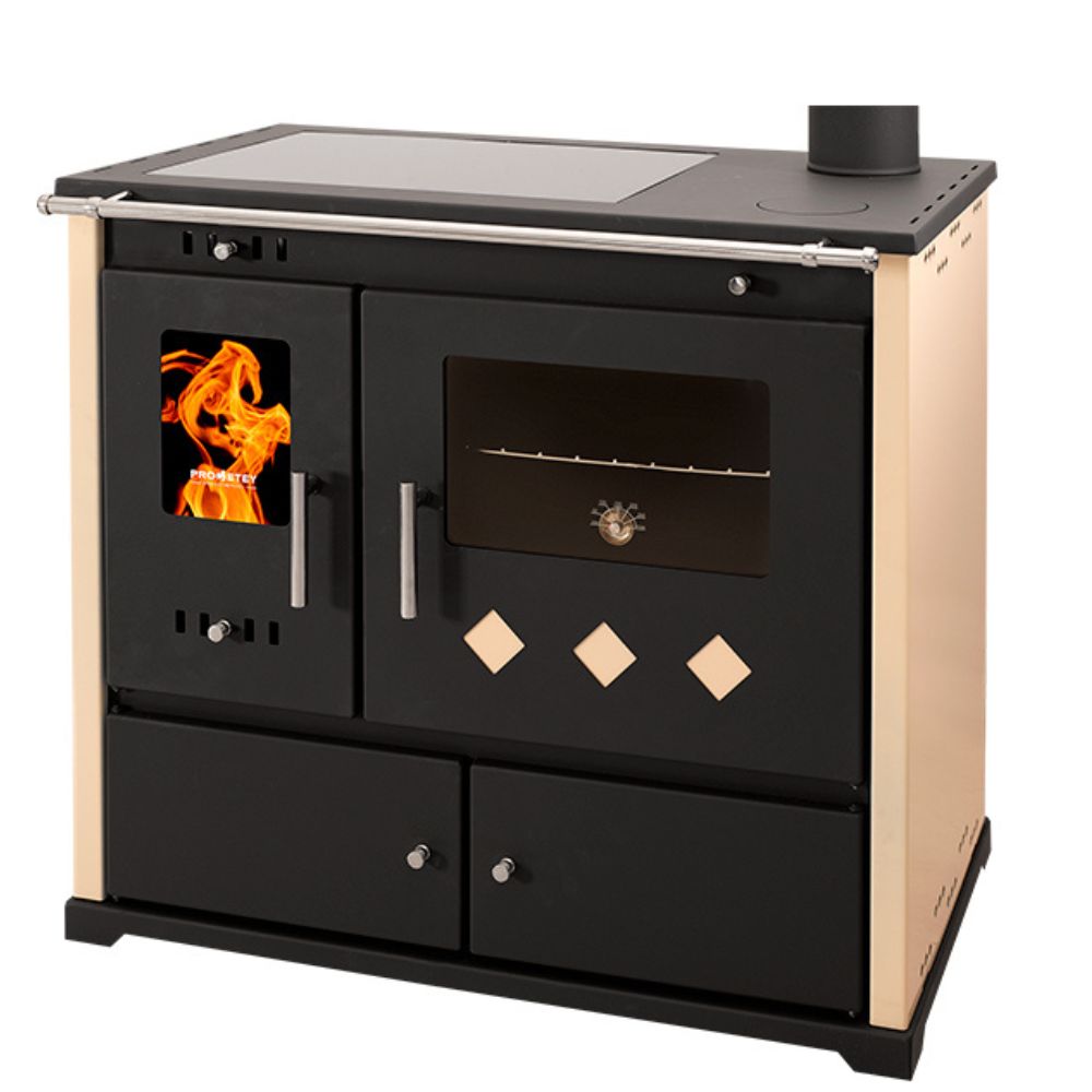 Kuchenka na drewno Prometey Perfect Practik Lux z płytą ceramiczną, prawy komin, kość słoniowa, 9.5kW |  |  |