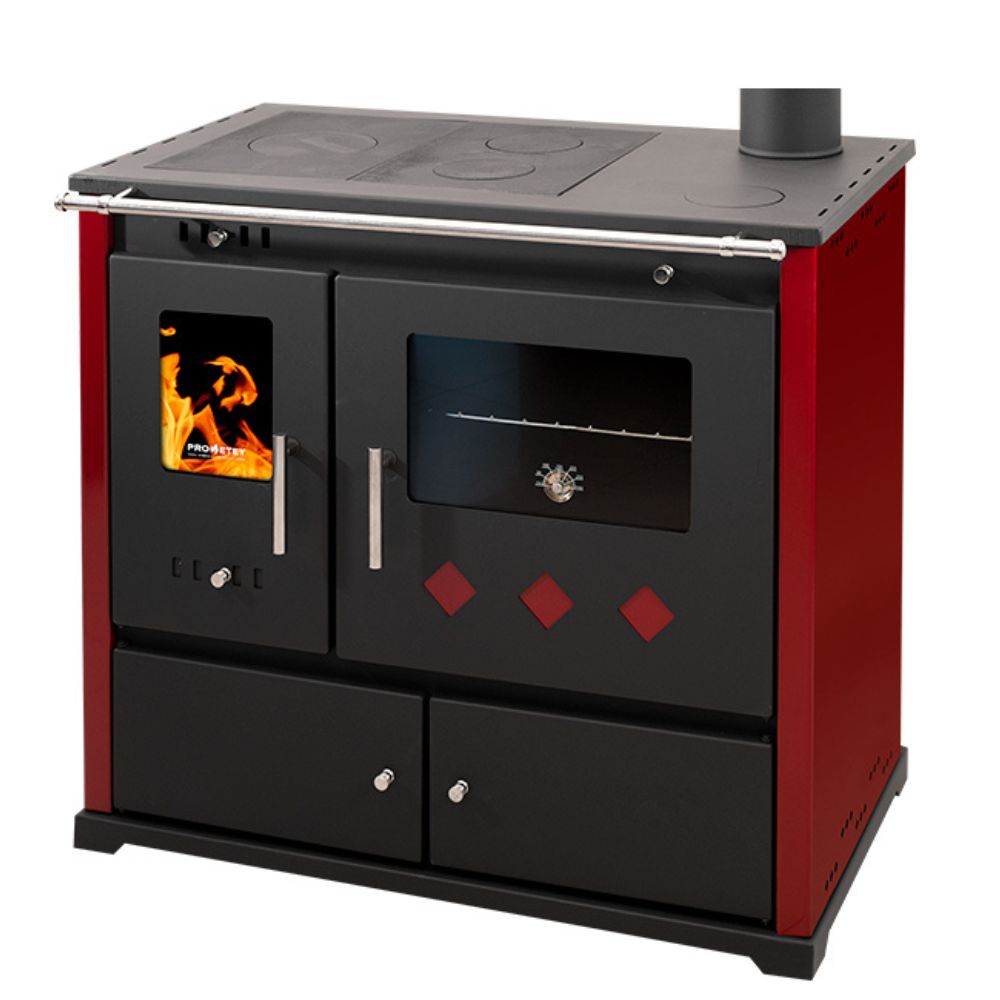 Kuchenka na drewno Prometey Perfect Practik Lux z prawym kominem, bordowy, 9.5kW |  |  |