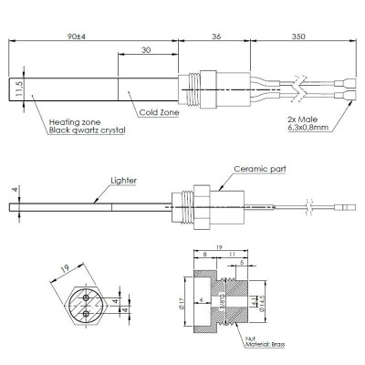 Zapalarka / Grzałka do pieca na pellet z czarnym kryształem kwarcu do Karmek One, La Nordica i innych, długość całkowita 126mm, 300W - Części do pieca na pellet