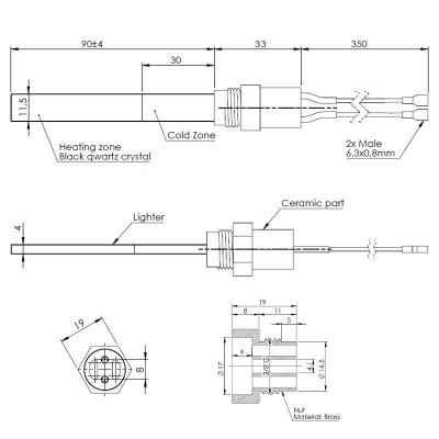 Zapalarka / Grzałka do pieca na pellet z czarnym kryształem kwarcu do Ferroli, Eco Spar, BURNiT, długość całkowita 123mm, moc 300W - Części do pieca na pellet