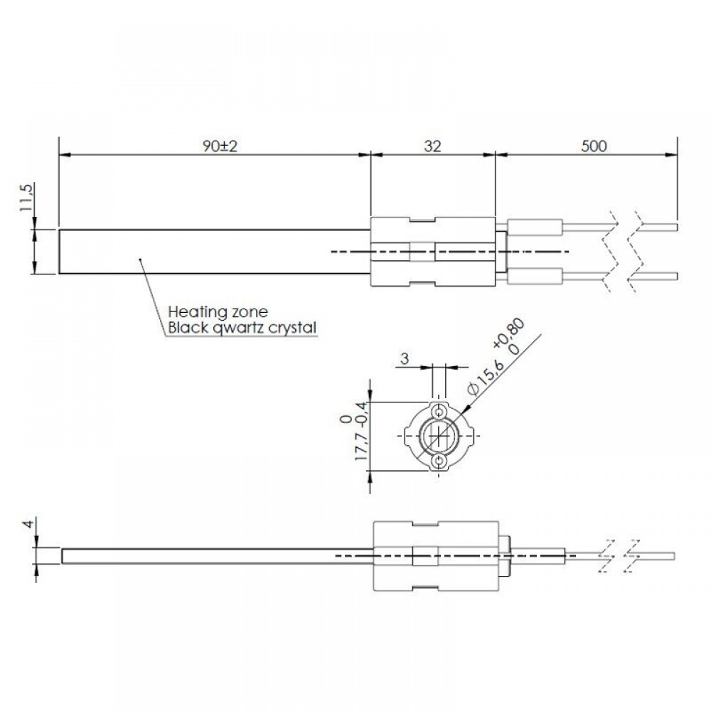 Zapalarka / Grzałka do pieca na pellet z czarnym kryształem kwarcu do Eco Spar, BURNiT, Palazzetti, Ravelli, MCZ, długość całkowita 122mm, moc 300W | Zapalarki / Grzałki do pieca na pellet | Części do pieca na pellet |