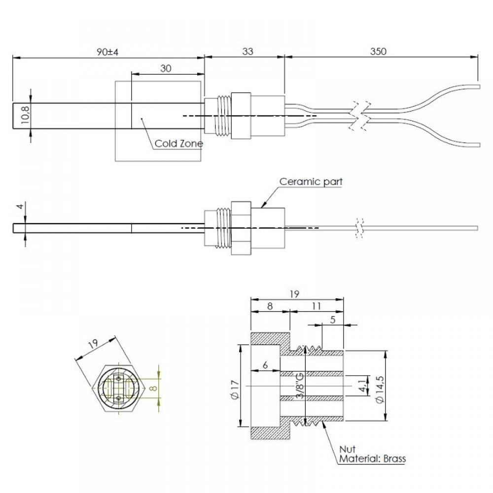 Zapalarka / Grzałka do pieca na pellet Eco Spar, BURNiT, ComfortBilt, niskonapięciowa, długość całkowita 123mm, 120W do 24V | Zapalarki / Grzałki do pieca na pellet | Części do pieca na pellet |